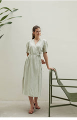 Linen Wrap Midi Dress with V-Neckline and Side Slits – Relaxed Fit Summer Day Dress