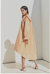 Elegant Ruffled Collar Long Sleeve Linen Dress with Button Front Detail