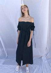 Off-Shoulder Linen Midi Dress with Ruched Sleeves, Sweetheart Neckline and Waist Tie