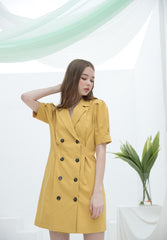 Linen Double-Breasted Mini Dress for Women with Puff Sleeves and Tailored Lapel for Chic Styling