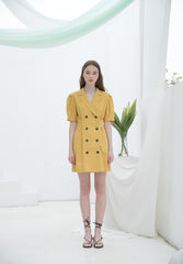 Linen Double-Breasted Mini Dress for Women with Puff Sleeves and Tailored Lapel for Chic Styling