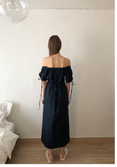 Off-Shoulder Linen Midi Dress with Ruched Sleeves, Sweetheart Neckline and Waist Tie