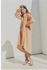 Elegant Ruffled Collar Long Sleeve Linen Dress with Button Front Detail
