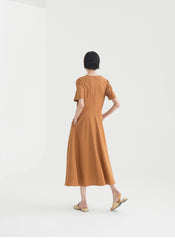 Elegant Midi Dress In Breathable Linen Fabric With Short Sleeves And Flared A-Line Silhouette