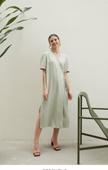 Linen Wrap Midi Dress with V-Neckline and Side Slits – Relaxed Fit Summer Day Dress