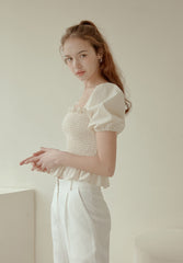 Smocked Linen Puff Sleeve Top with Ruffle Hem and Square Neckline for Feminine Everyday Style
