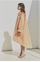 Elegant Ruffled Collar Long Sleeve Linen Dress with Button Front Detail