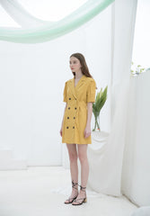 Linen Double-Breasted Mini Dress for Women with Puff Sleeves and Tailored Lapel for Chic Styling