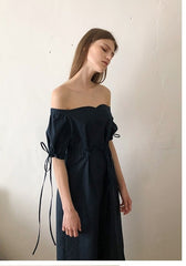 Off-Shoulder Linen Midi Dress with Ruched Sleeves, Sweetheart Neckline and Waist Tie