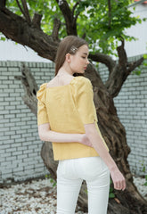 Linen Puff Sleeve Blouse for Women with Bow Tie Front and Square Neckline for Feminine Styling