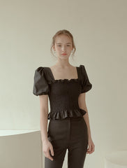 Smocked Puff-Sleeve Linen Top with Ruffle Hem and Square Neckline for Feminine Summer Style