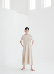 Elegant A-Line Linen Midi Dress with Short Sleeves and Flared Hemline for Summer Comfort