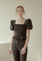 Smocked Puff-Sleeve Linen Top with Ruffle Hem and Square Neckline for Feminine Summer Style