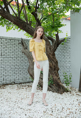 Linen Puff Sleeve Blouse for Women with Bow Tie Front and Square Neckline for Feminine Styling