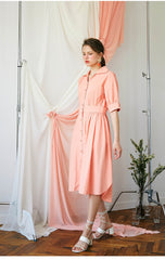 Elegant Midi-Length Cotton Poplin Dress with Button-Down Front and Tailored Waistband