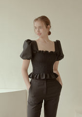 Smocked Puff-Sleeve Linen Top with Ruffle Hem and Square Neckline for Feminine Summer Style