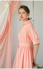 Elegant Midi-Length Cotton Poplin Dress with Button-Down Front and Tailored Waistband