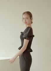 Smocked Puff-Sleeve Linen Top with Ruffle Hem and Square Neckline for Feminine Summer Style