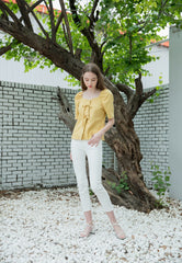 Linen Puff Sleeve Blouse for Women with Bow Tie Front and Square Neckline for Feminine Styling
