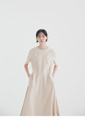 Elegant A-Line Linen Midi Dress with Short Sleeves and Flared Hemline for Summer Comfort
