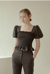 Smocked Puff-Sleeve Linen Top with Ruffle Hem and Square Neckline for Feminine Summer Style