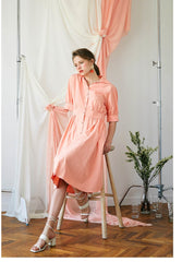 Elegant Midi-Length Cotton Poplin Dress with Button-Down Front and Tailored Waistband