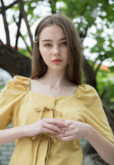 Linen Puff Sleeve Blouse for Women with Bow Tie Front and Square Neckline for Feminine Styling