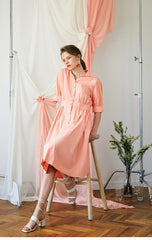 Elegant Midi-Length Cotton Poplin Dress with Button-Down Front and Tailored Waistband