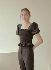 Smocked Puff-Sleeve Linen Top with Ruffle Hem and Square Neckline for Feminine Summer Style