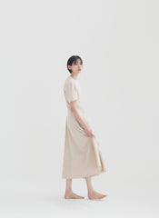 Elegant A-Line Linen Midi Dress with Short Sleeves and Flared Hemline for Summer Comfort