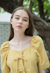 Linen Puff Sleeve Blouse for Women with Bow Tie Front and Square Neckline for Feminine Styling