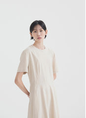 Elegant A-Line Linen Midi Dress with Short Sleeves and Flared Hemline for Summer Comfort