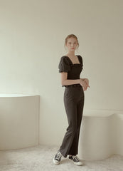 Smocked Puff-Sleeve Linen Top with Ruffle Hem and Square Neckline for Feminine Summer Style