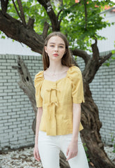 Linen Puff Sleeve Blouse for Women with Bow Tie Front and Square Neckline for Feminine Styling