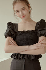 Smocked Puff-Sleeve Linen Top with Ruffle Hem and Square Neckline for Feminine Summer Style