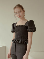 Smocked Puff-Sleeve Linen Top with Ruffle Hem and Square Neckline for Feminine Summer Style