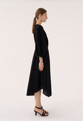 Elegant Midi Wrap Linen Dress With V-Neck And Puffed 3/4 Sleeves For Refined Silhouette