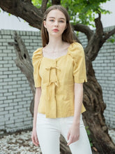 Linen Puff Sleeve Blouse for Women with Bow Tie Front and Square Neckline for Feminine Styling