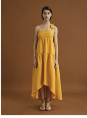 Asymmetric Tiered Linen Dress with Shoulder Tie Detail