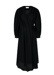 Elegant Midi Wrap Linen Dress With V-Neck And Puffed 3/4 Sleeves For Refined Silhouette
