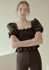 Smocked Puff-Sleeve Linen Top with Ruffle Hem and Square Neckline for Feminine Summer Style
