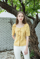 Linen Puff Sleeve Blouse for Women with Bow Tie Front and Square Neckline for Feminine Styling