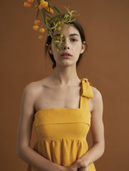 Asymmetric Tiered Linen Dress with Shoulder Tie Detail