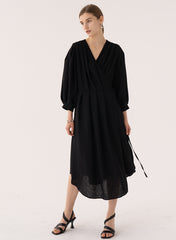 Elegant Midi Wrap Linen Dress With V-Neck And Puffed 3/4 Sleeves For Refined Silhouette