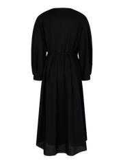 Elegant Midi Wrap Linen Dress With V-Neck And Puffed 3/4 Sleeves For Refined Silhouette