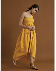 Asymmetric Tiered Linen Dress with Shoulder Tie Detail