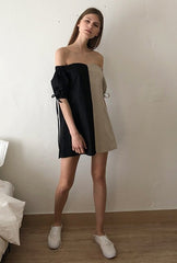 Two-Tone Off-Shoulder Linen Mini Dress with Puff Sleeves and Adjustable Drawstring Detail