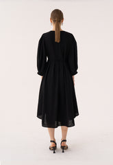 Elegant Midi Wrap Linen Dress With V-Neck And Puffed 3/4 Sleeves For Refined Silhouette