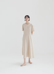 Elegant A-Line Linen Midi Dress with Short Sleeves and Flared Hemline for Summer Comfort