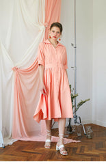 Elegant Midi-Length Cotton Poplin Dress with Button-Down Front and Tailored Waistband